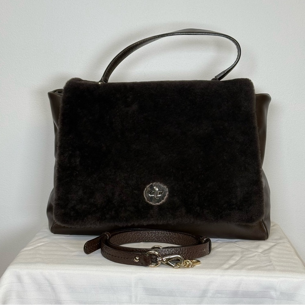 Varriale Italian Dark Brown Leather And Shearling Messenger Bag Adjustable Strap - Picture 12 of 16